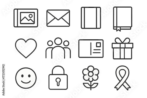 Memory Icons Collection. Memory Keeping. Line outline icon set of Memory Keeping: photo album, envelope,
