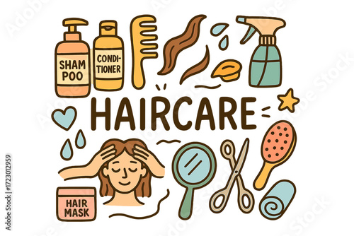 Colorful Haircare Doodles. Haircare. Hand-drawn doodle illustration of Haircare. Shampoo bottle, conditioner,