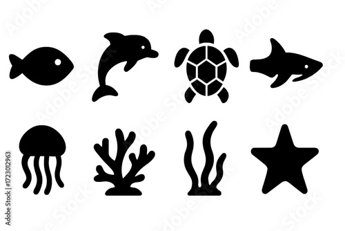Marine Life Icons. Marine life view. Filled icon set of Marine life view: fish, dolphin, turtle, shark,