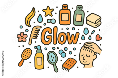 Glow Doodle Illustration. Glow. Hand-drawn doodle illustration of Glow. Hair strand, star, shampoo bottle,