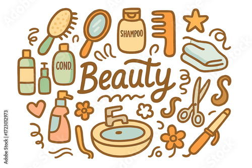 Beauty Essentials Doodle. Beauty. Hand-drawn doodle illustration of Beauty. Hairbrush, mirror, shampoo bottle,