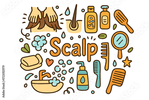 Colorful Scalp Doodle. Scalp. Hand-drawn doodle illustration of Scalp. Scalp massage hands, hair strand,