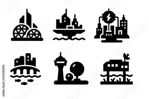 Futuristic City Icons. Futuristic cities. Filled icon set of Futuristic cities: dome cluster, floating