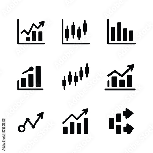 Collection of diverse growing and declining financial market trading charts and graphs icons