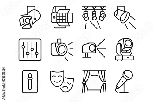 Stage Lighting Icons. Stage Lighting. Line outline icon set of Stage Lighting: spotlight, floodlight, stage