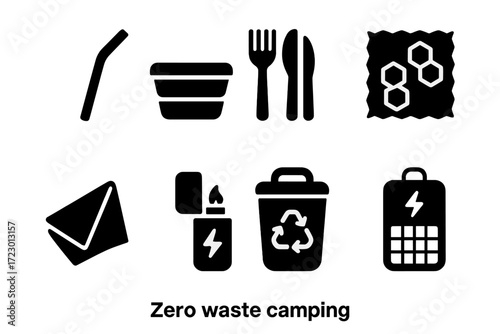Zero Waste Camping Icons. Zero waste camping. Filled icon set of zero waste camping: stainless steel straw,