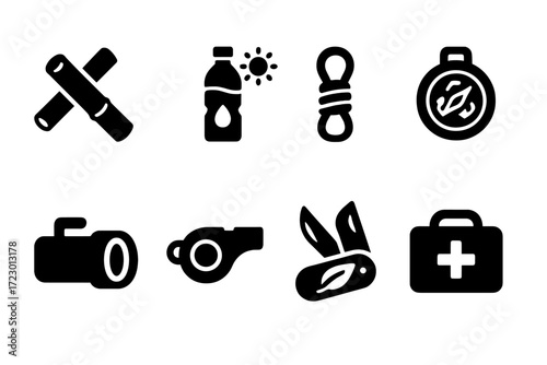 Eco Survival Icon Set. Eco survival gear. Filled icon set of eco survival gear: bamboo fire starter, solar