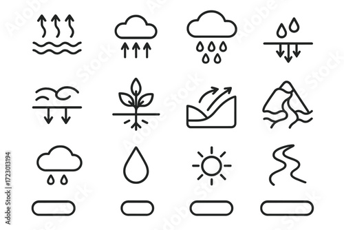 Water Cycle Icons. The Water Cycle. Line outline icon set of The Water Cycle: evaporation, condensation,
