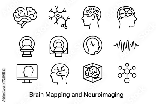 Neuroimaging Icon Set. Brain Mapping and Neuroimaging. Line outline icon set of Brain Mapping and Neuroimaging