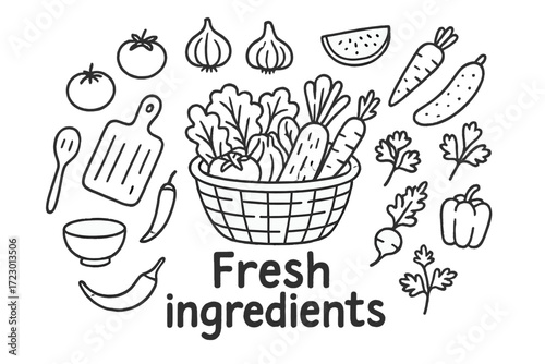 Fresh Ingredient Doodle. Fresh ingredients. Hand-drawn doodle illustration of Fresh ingredients. In the middle