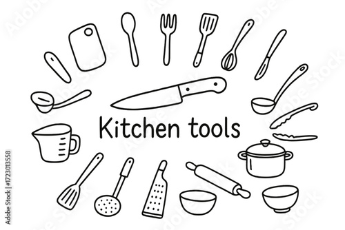 Doodle Kitchen Tools. Kitchen tools. Hand-drawn doodle illustration of Kitchen tools. In the middle, one
