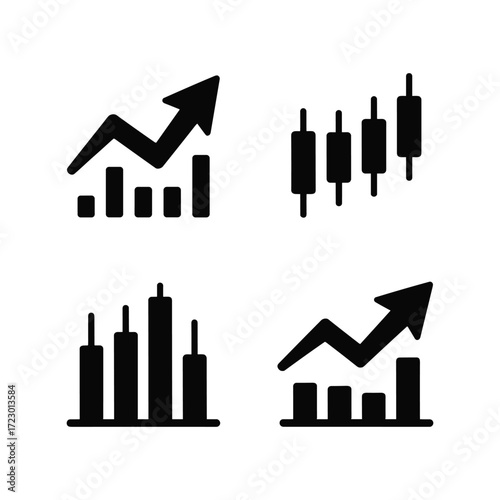 Financial stock market candlestick and bar chart icons representing growth and trading trends