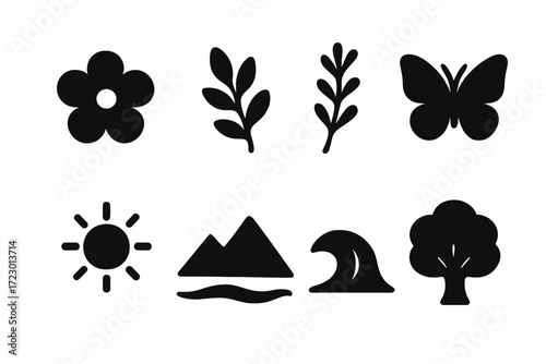 Nature Icon Set. Nature vibe package design. Filled icon set of nature vibe package design: flower blossom,