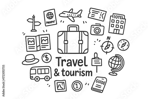 Travel Doodle Collage. Travel & tourism. Hand-drawn doodle illustration of Travel & tourism. In the middle,