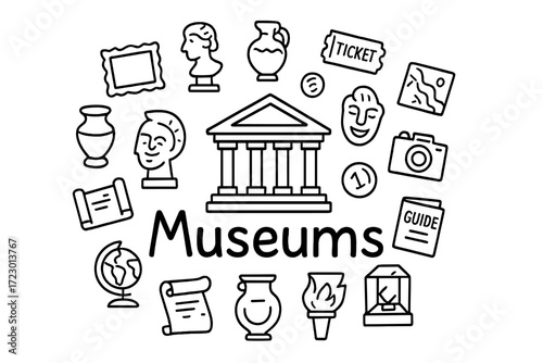 Museum Doodle Art. Museums. Hand-drawn doodle illustration of Museums. In the middle, one slightly larger