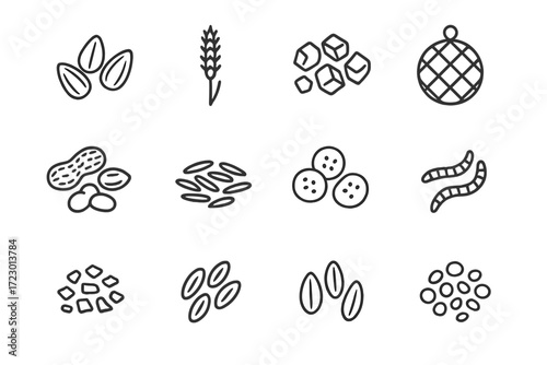 Bird Seeds Icons. Bird Seeds and Food. Line outline icon set of Bird Seeds and Food: sunflower seeds, millet,