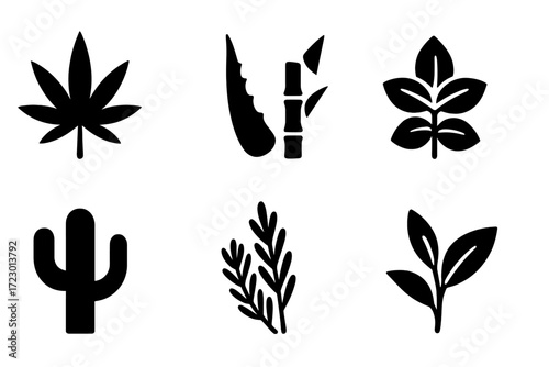 Plant-Based Packaging Icons. Plant-based packaging. Filled icon set of plant-based packaging: hemp leaf, aloe