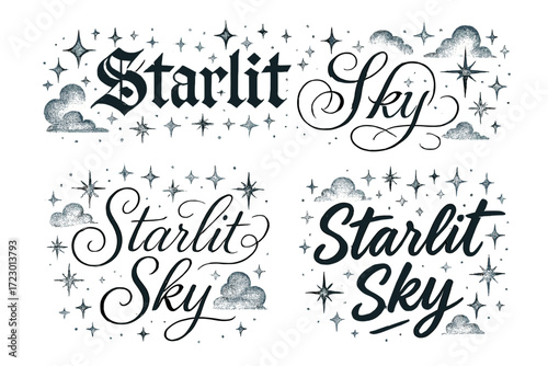 Starlit Sky Calligraphy. Starlit sky. Create a calligraphy lettering illustration of the phrase: Starlit sky.