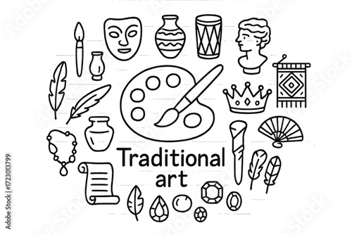 Traditional Art Doodle. Traditional art. Hand-drawn doodle illustration of Traditional art. In the middle, one