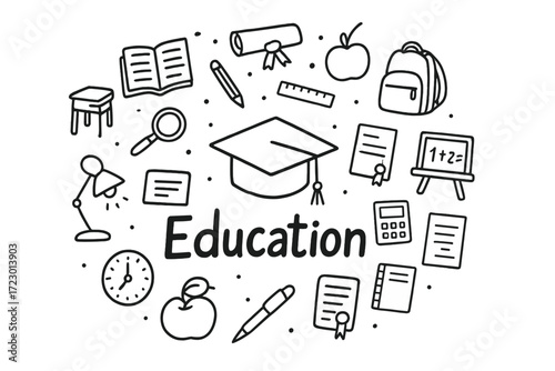Education Doodle Art. Education. Hand-drawn doodle illustration of Education. In the middle, one slightly