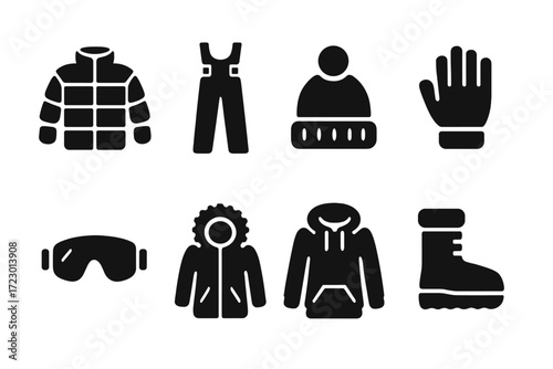Cold Weather Gear Icons. Cold weather gear. Filled icon set of cold weather gear: insulated jacket, snow pants