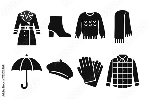 Autumn Fashion Icons. Autumn fashion. Filled icon set of autumn fashion: trench coat, ankle boots, knit