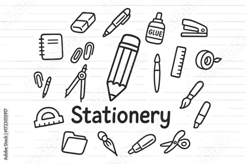 Stationery Doodle Art. Stationery. Hand-drawn doodle illustration of Stationery. In the middle, one slightly