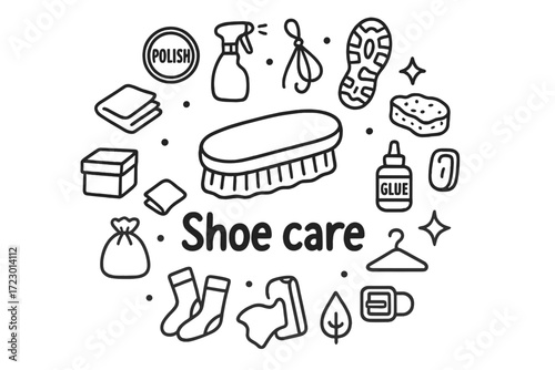 Shoe Care Doodle. Shoe care. Hand-drawn doodle illustration of Shoe care. In the middle, one slightly larger