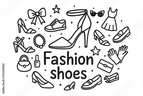 Fashion Shoe Doodle. Fashion shoes. Hand-drawn doodle illustration of Fashion shoes. In the middle, one