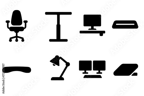 Ergonomic Workspace Icons. Ergonomic workspace. Filled icon set of ergonomic workspace: adjustable chair,