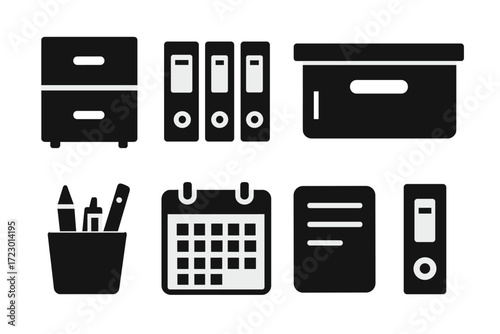 Organized Workspace Icons. Organized workspace. Filled icon set of organized workspace: filing cabinet,