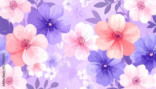 パステルピンクとラベンダーで描かれた柔らかな花柄シームレスパターン。