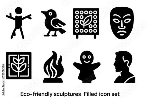 Eco-Friendly Sculpture Icons. Eco-friendly sculptures. Filled icon set of eco-friendly sculptures: driftwood