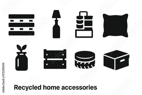 Recycled Home Icons. Recycled home accessories. Filled icon set of recycled home accessories: pallet shelf,