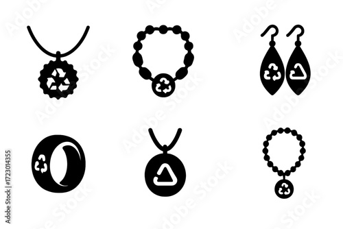 Recycled Jewelry Icons. Recycled jewelry. Filled icon set of recycled jewelry: bottle cap pendant, glass bead