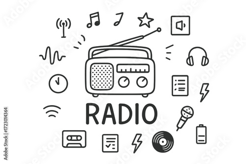 Retro Radio Doodle. Radio. Hand-drawn doodle illustration of Radio. In the middle, one slightly larger central