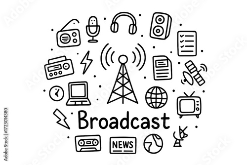 Broadcast Doodle Icons. Broadcast. Hand-drawn doodle illustration of Broadcast. In the middle, one slightly