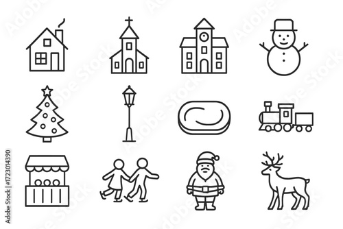 Christmas Village Icons. Setting up a Christmas Village Display. Line outline icon set of Setting up a
