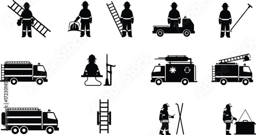 Firefighting silhouettes, firefighters with equipment, fire trucks, ladder, hose, emergency response, rescue team, safety service, fire department, protection, danger, bravery