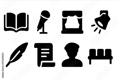 Poetry Reading Icons. Poetry reading. Filled icon set of poetry reading: open book, microphone, stage,