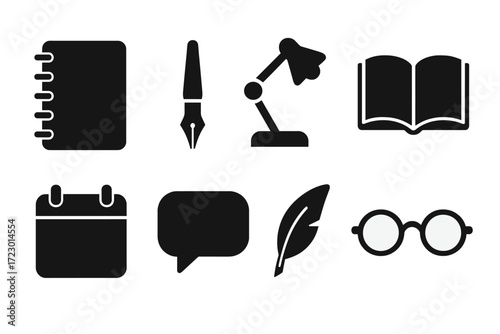 Creative Writing Icons. Creative writing event. Filled icon set of creative writing event: notebook, fountain