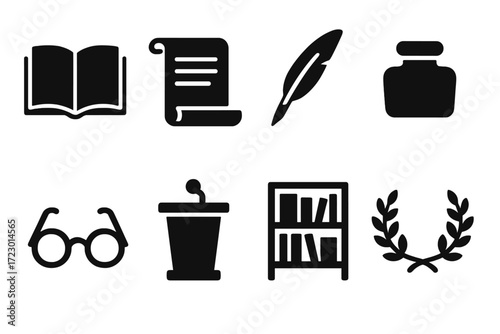 Literary Icon Set. Literary society. Filled icon set of literary society: open book, scroll, feather quill,