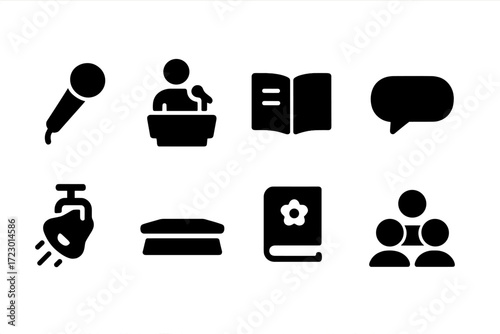 Spoken Word Icons. Spoken word. Filled icon set of spoken word: microphone, performer silhouette, open