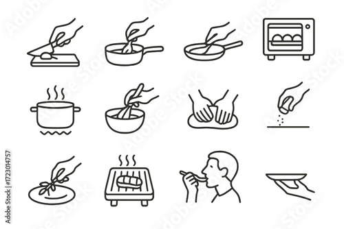 Cooking Action Icons. Cooking Actions. Line outline icon set of Cooking Actions: chopping, stirring, frying,