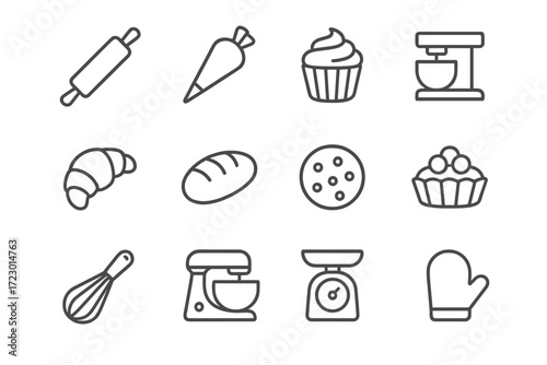 Pastry Icon Set. Pastry and Baking. Line outline icon set of Pastry and Baking: rolling pin, piping bag,