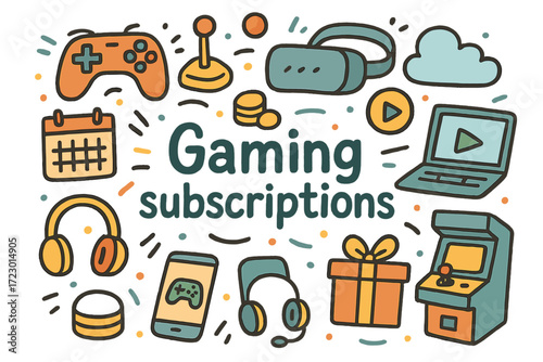 Colorful Gaming Subscriptions Icons. Gaming subscriptions. Hand-drawn doodle illustration of gaming