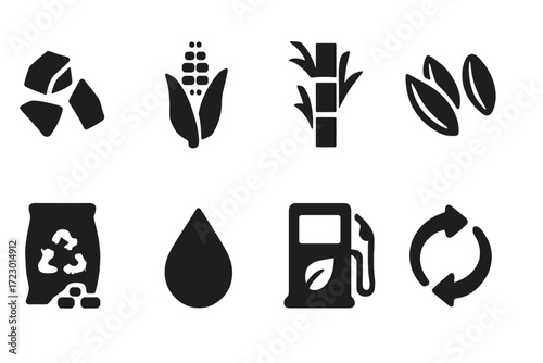 Biomass Fuel Icons. Biomass fuels. Filled icon set of biomass fuels: wood chips, corn stalk, sugarcane, rice