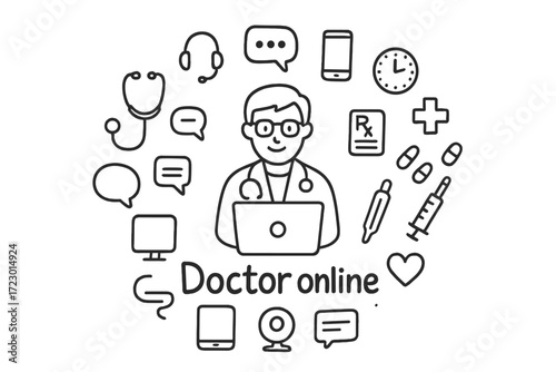 Doctor Online Doodle. Doctor online. Hand-drawn doodle illustration of Doctor online. In the middle, one
