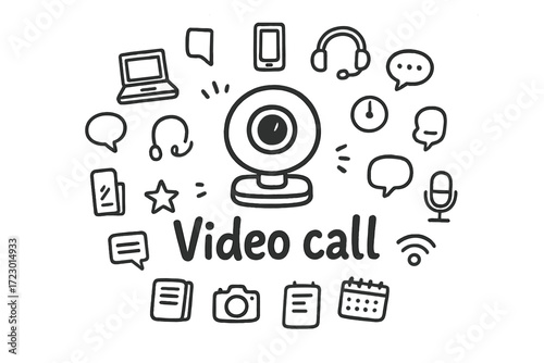Video Call Doodle. Video call. Hand-drawn doodle illustration of Video call. In the middle, one slightly