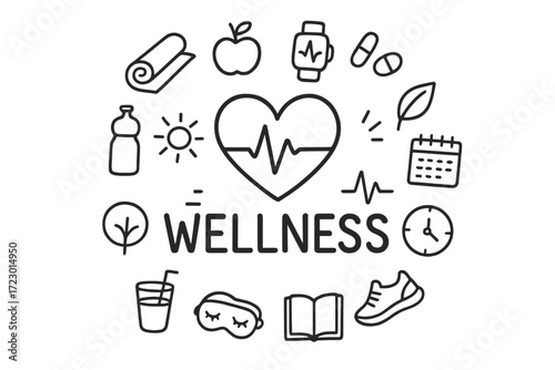 Wellness Doodle Illustration. Wellness. Hand-drawn doodle illustration of Wellness. In the middle, one